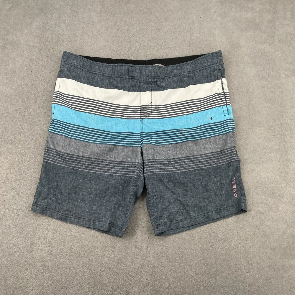 O'Neill Hyperfreak Board Shorts Men XL Blue Gray Striped Mesh Lined Swim Surfing